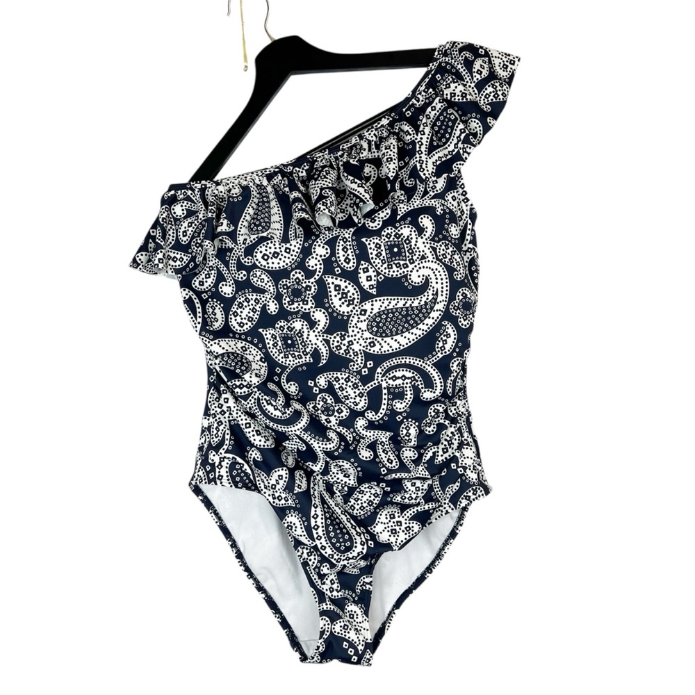 NWT Boden Navy/ Cream Paisley Ruffled One Shoulder Swimsuit